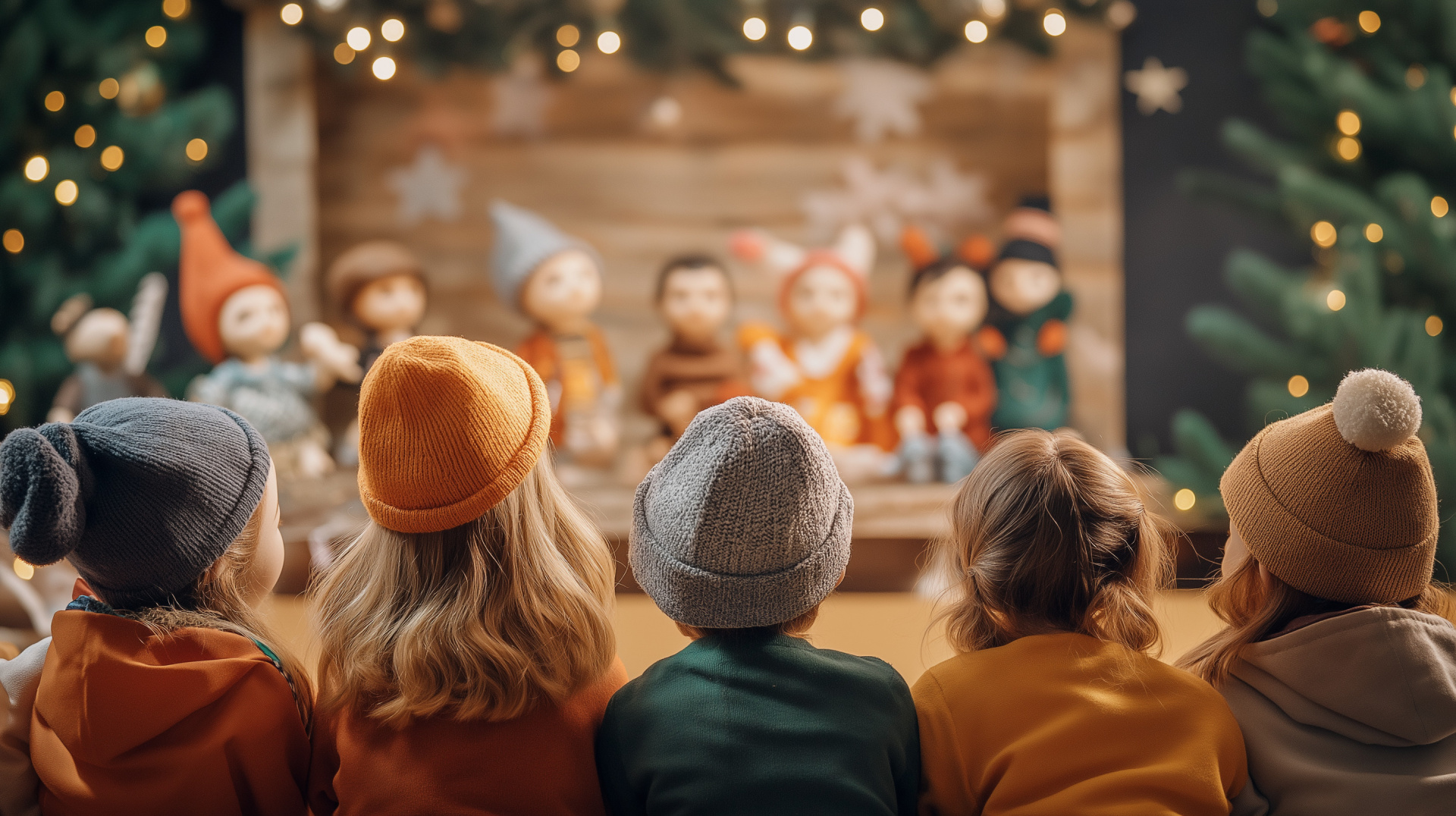 Puppet theatre and dolls, winter show for kids. Four children watch a Christmas play from behind, enjoying the holiday magic.