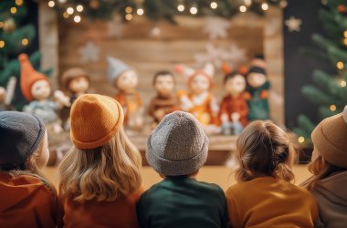 Puppet theatre and dolls, winter show for kids. Four children watch a Christmas play from behind, enjoying the holiday magic.