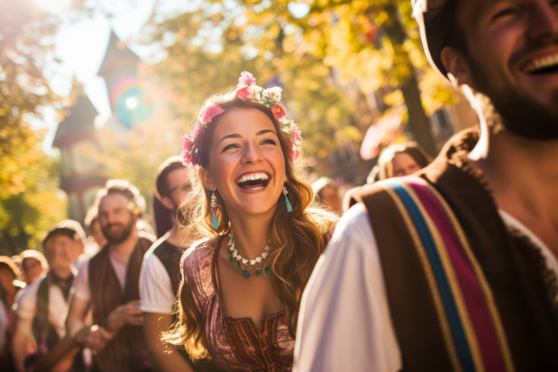 Beautiful young cheerful people wearing national costumes participating in traditional Oktoberfest parade in German town.